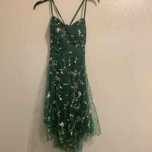 Green embroidery dress for homecoming/prom tie up back